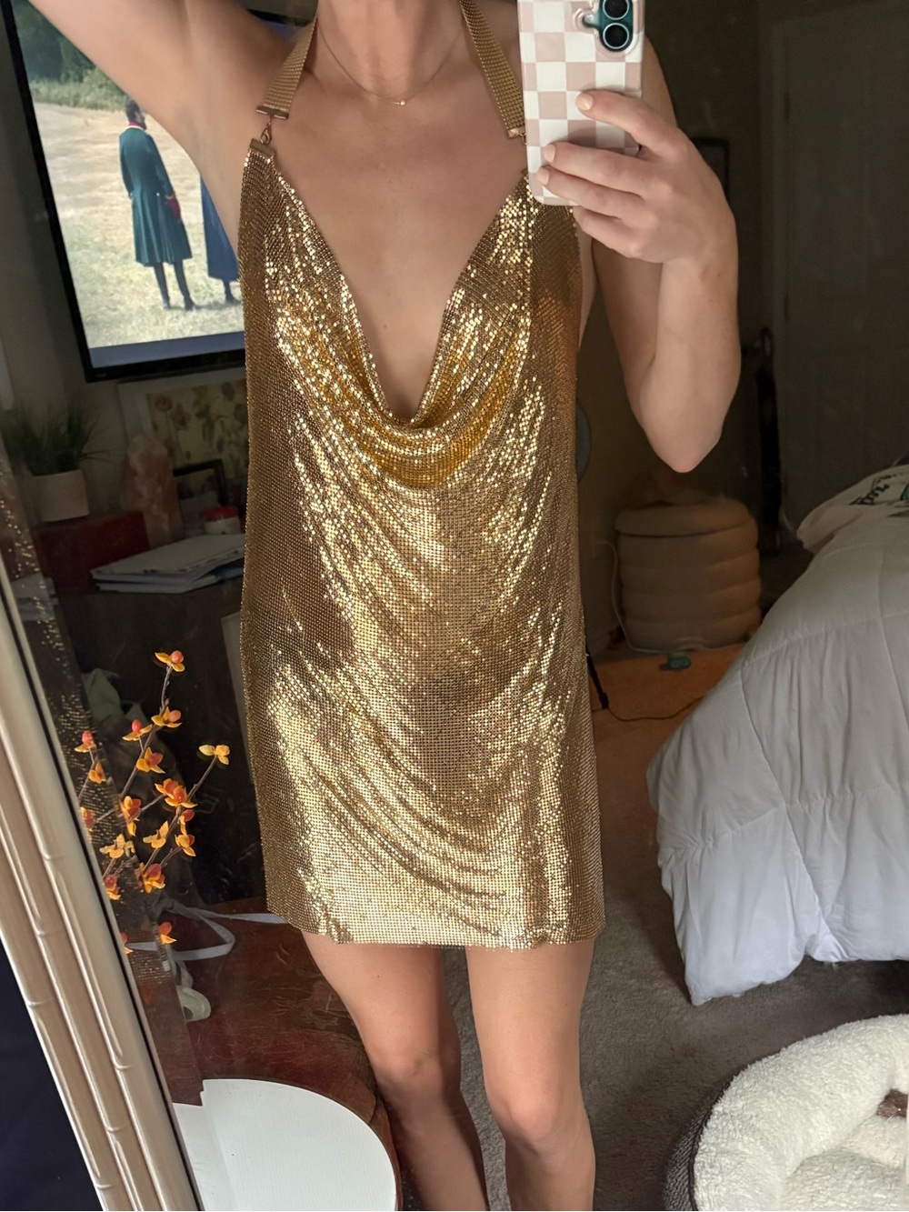 Gold Sequin Draped Mini dress